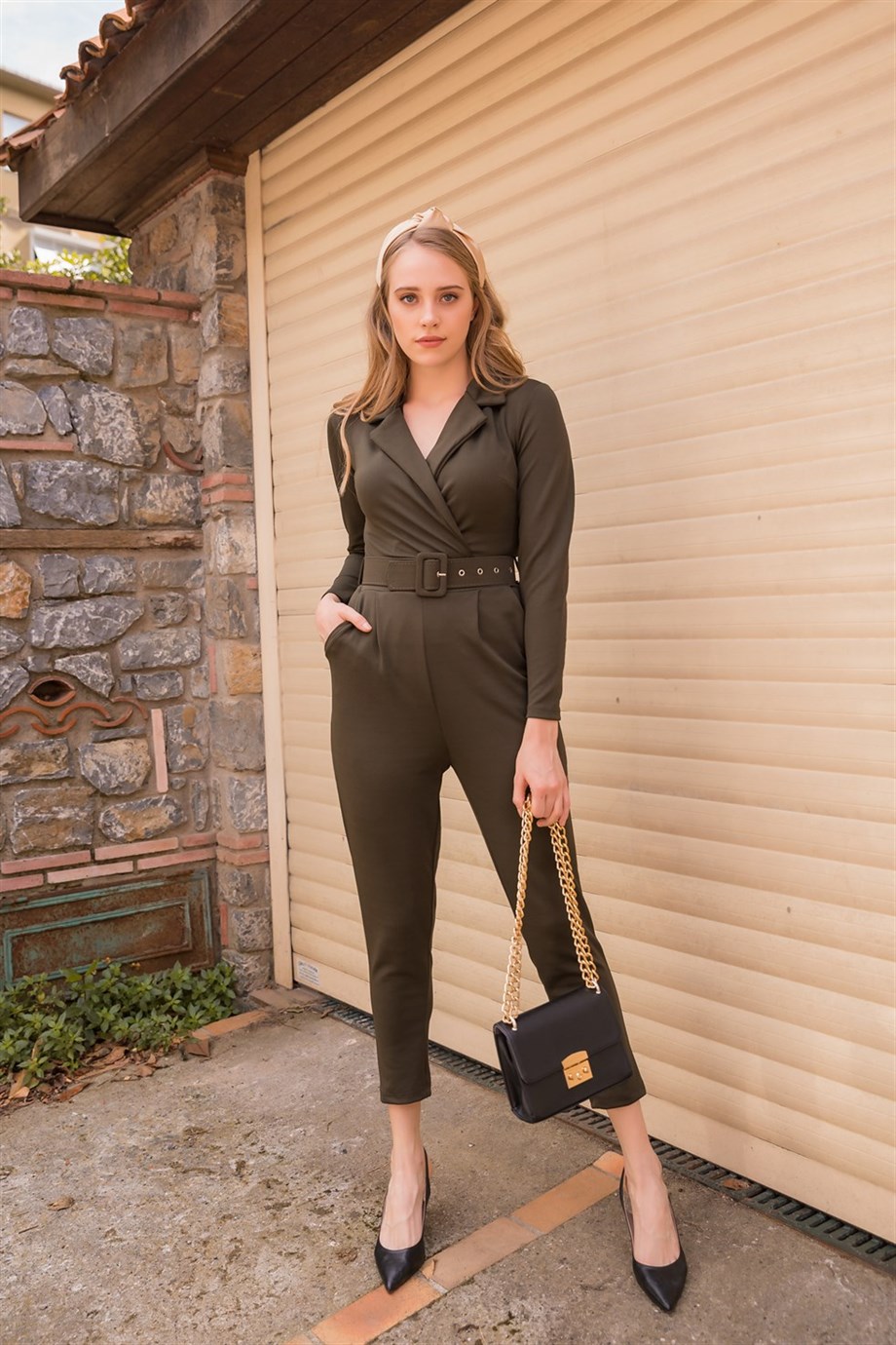 Gül Desen Siyah Kemer Elbise