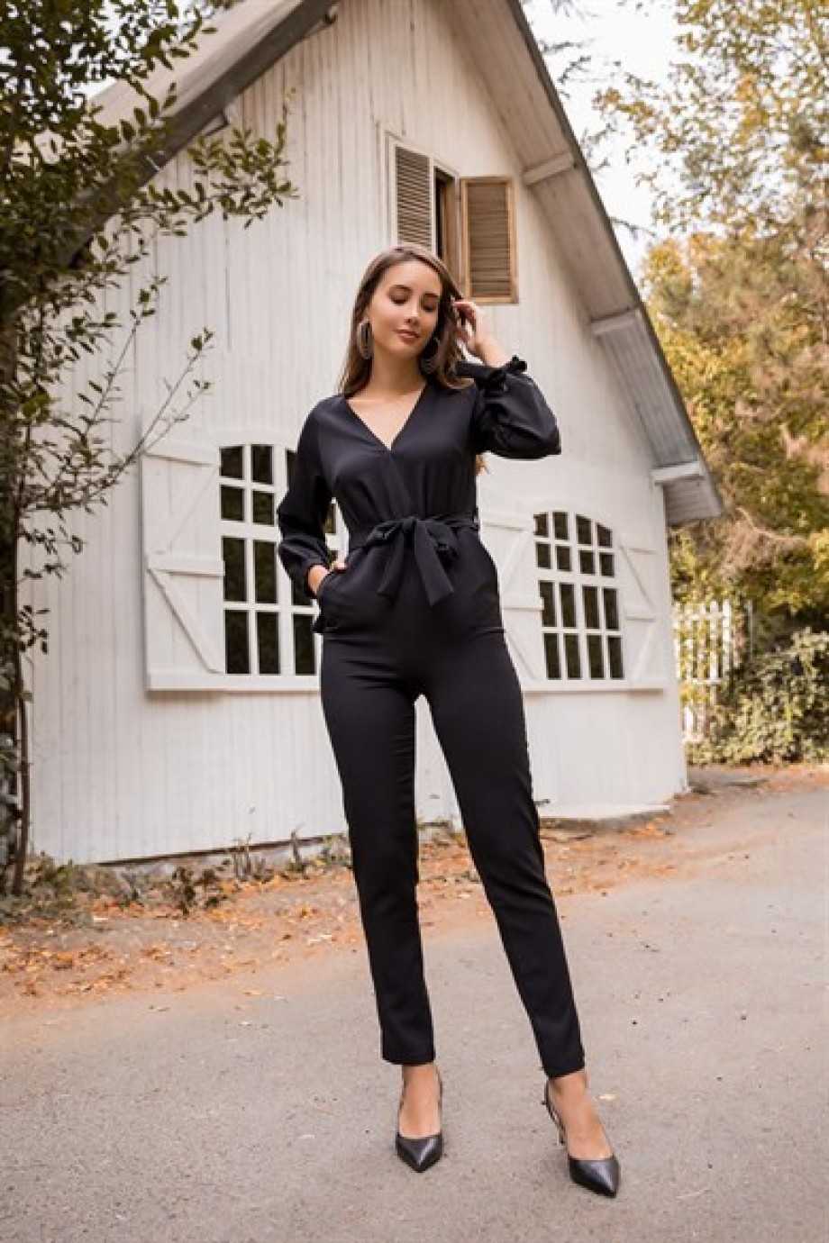 Gül Desen Siyah Kemer Elbise